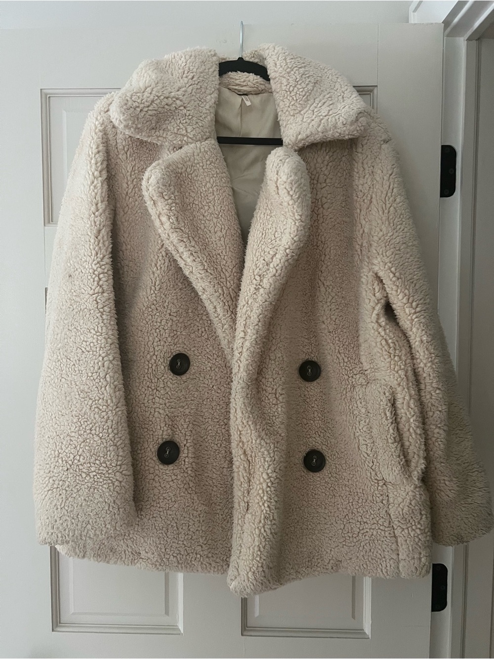 Free People Cream Teddy Double-Breasted Peacoat